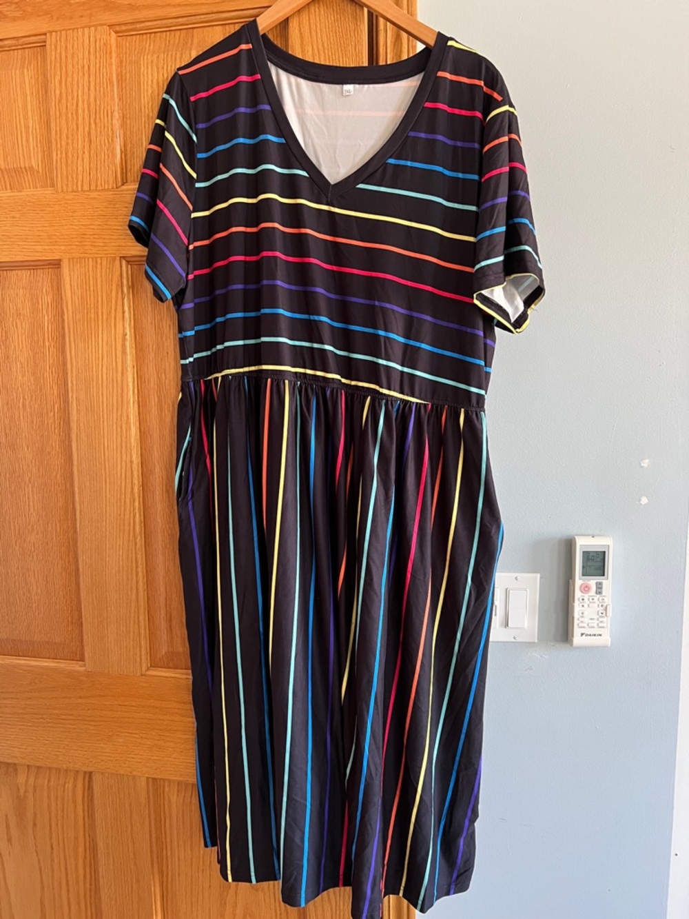 Black V-Neck Midi Dress with Rainbow Stripes